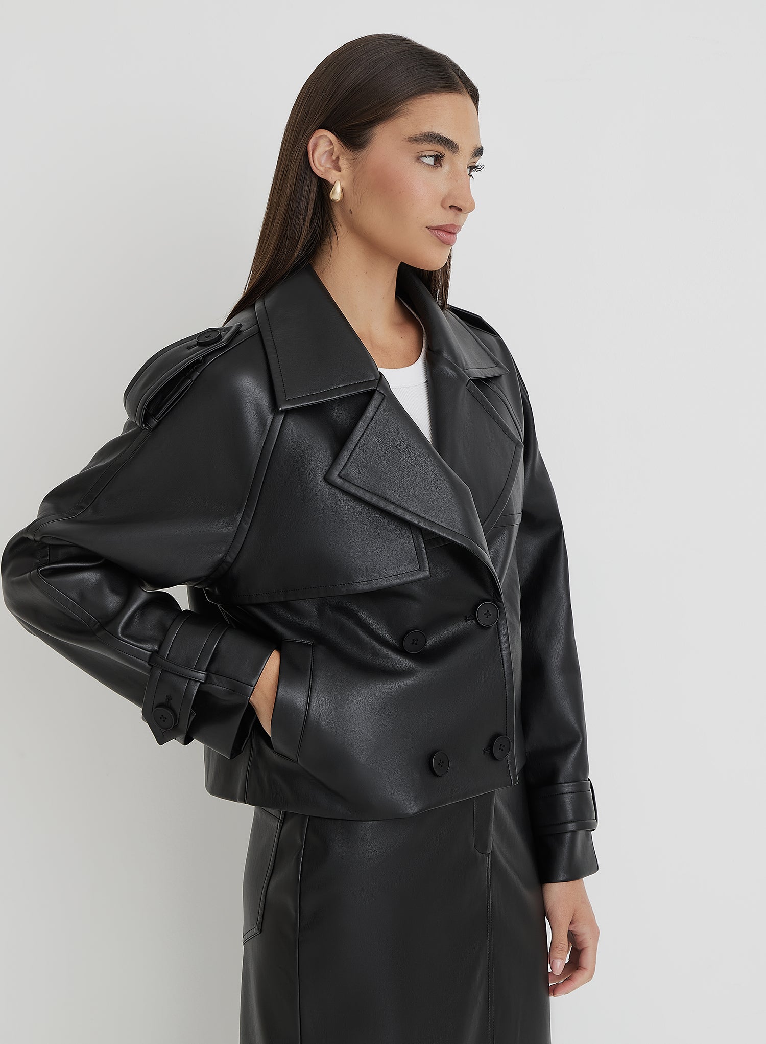 Black Faux Leather Cropped Trench Coat